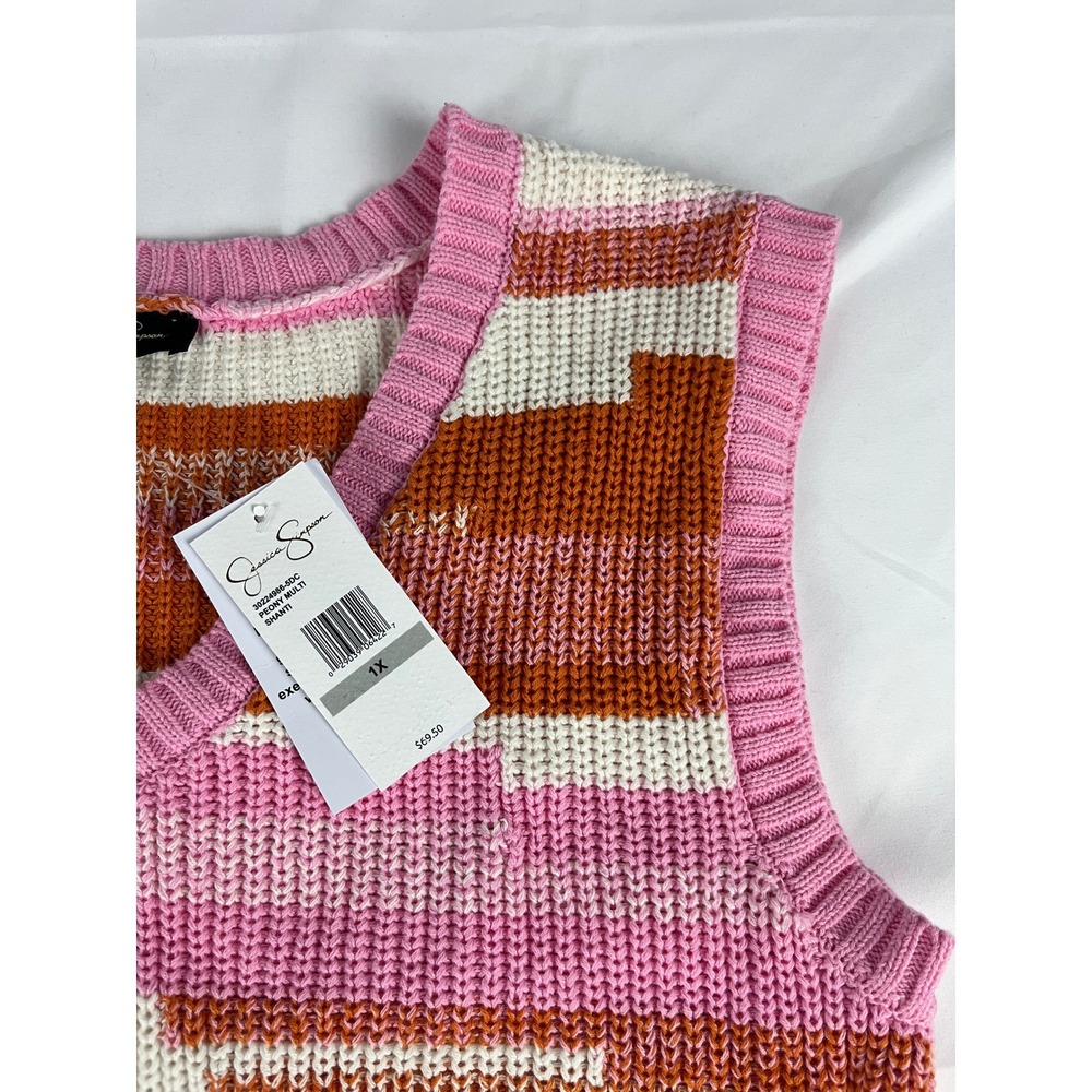 Jessica Simpson Knit Sweater‎ Vest 1X Pink Orange White Striped Sleeveless Top